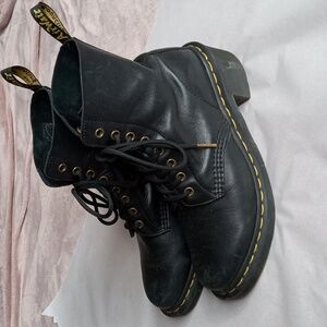 Dr. Martens Sanguine bootie. Black Combat Boots with Yellow Stitching